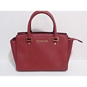 Michael Kors Selma Saffiano Leather Maroon Satchel Gold Hardware Zipper Closure